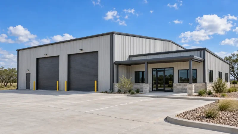 Commercial metal building with overhead garage doors and an attached office entrance.