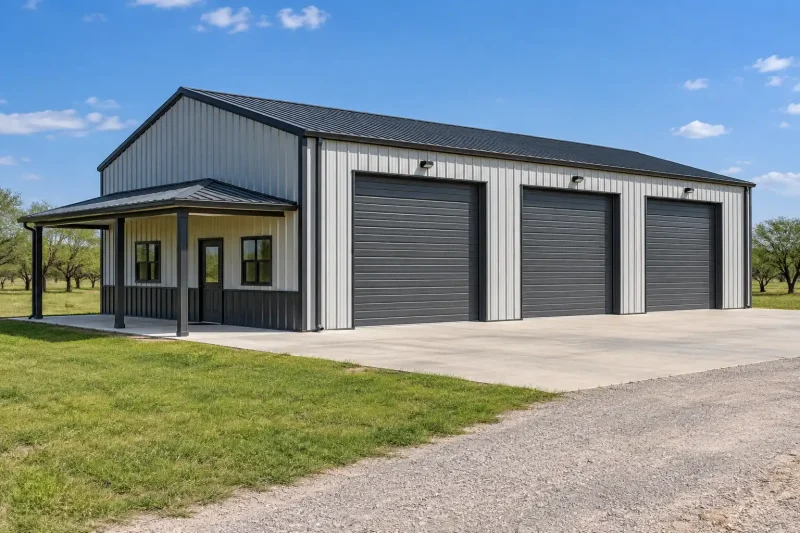 Gray metal workshop with three overhead doors, an attached office, and a concrete driveway.