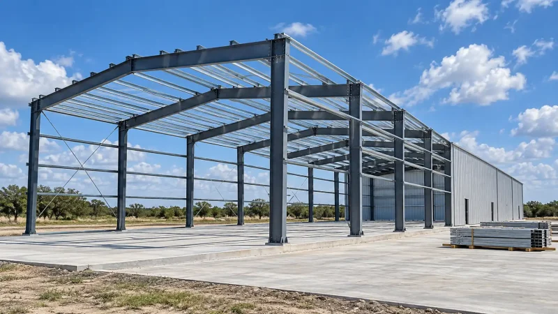 Commercial steel building under construction with exposed framing and partially installed metal siding.