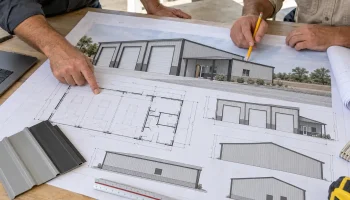Construction professionals reviewing metal building drawings, floor plans, and siding samples.