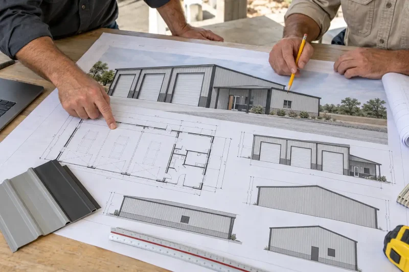 Construction professionals reviewing metal building drawings, floor plans, and siding samples.